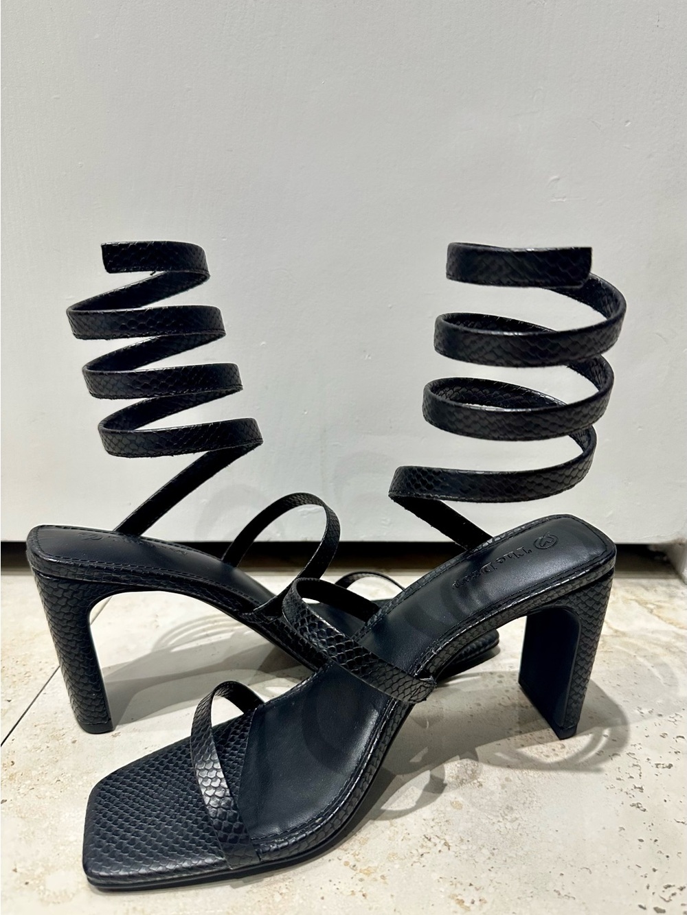 Black Spiral Wrap Square-Toe Heeled Sandals
